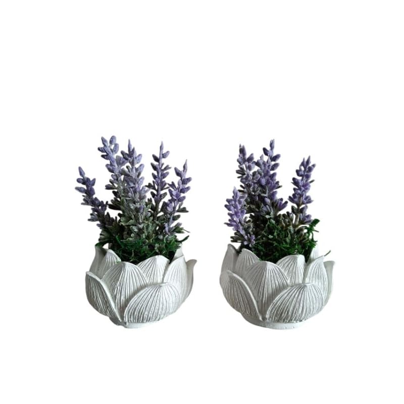 kit 02 vasos de gesso modelo flor de lótus + lavanda artificial