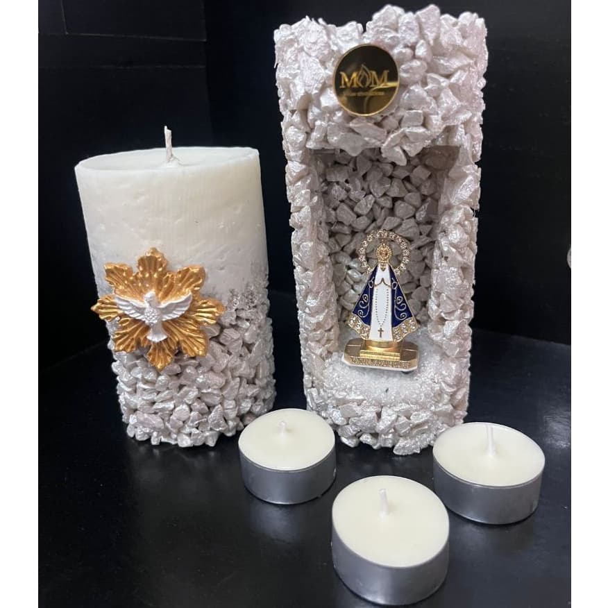 Kit Vela Gruta Nossa Senhora Aparecida com 3 Refis + Divino Espírito Santo | MeM Velas Aromáticas