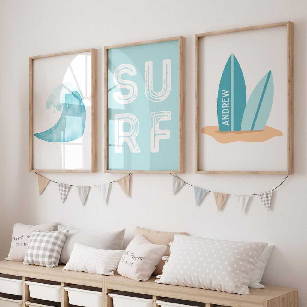 Kit 3 Quadros 40x60cm Surf Praia Prancha Surfista Ondas com Moldura Personalizado com Nome Menino