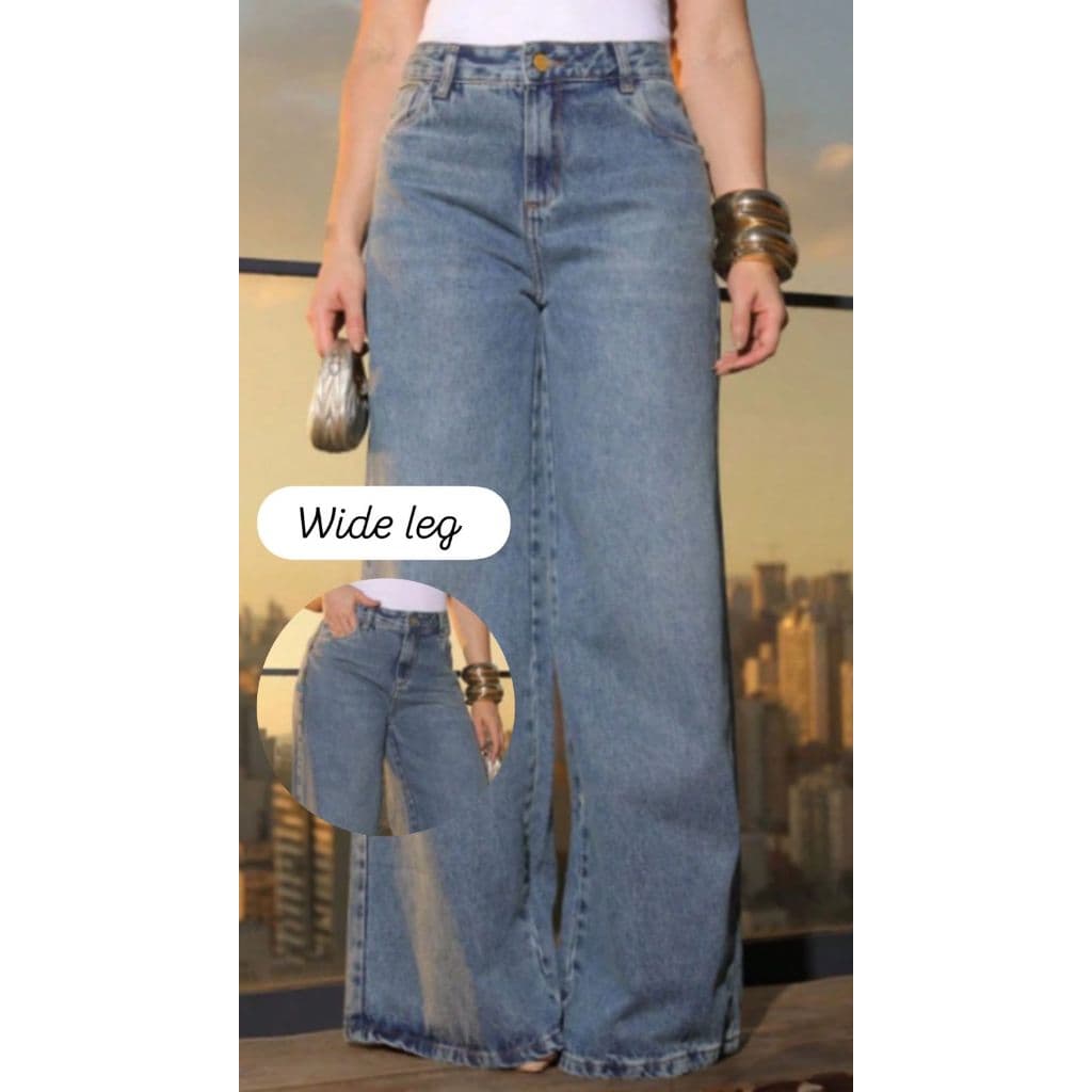 Calça Jeans Wide Leg Feminina Pantalona Cintura Alta 100% Algodão Reta Boca Larga Casual