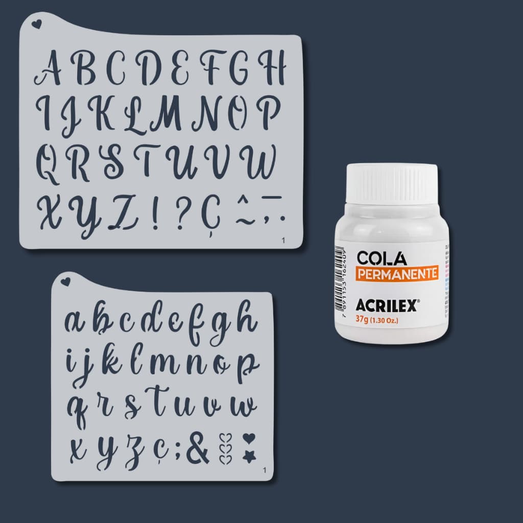 Kit 2 Stencil Moldes Alfabeto + Cola para Stencil Fixadora Acrilex para Pintura, Artesanato, Tecido