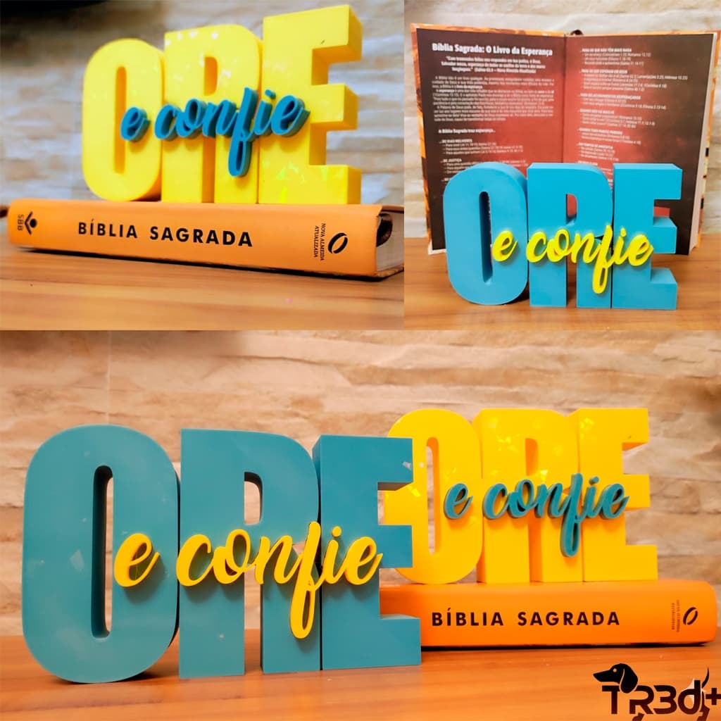 Ore e Confie | Letreiro Decorativo Cristão em 3D com Versículo Bíblico