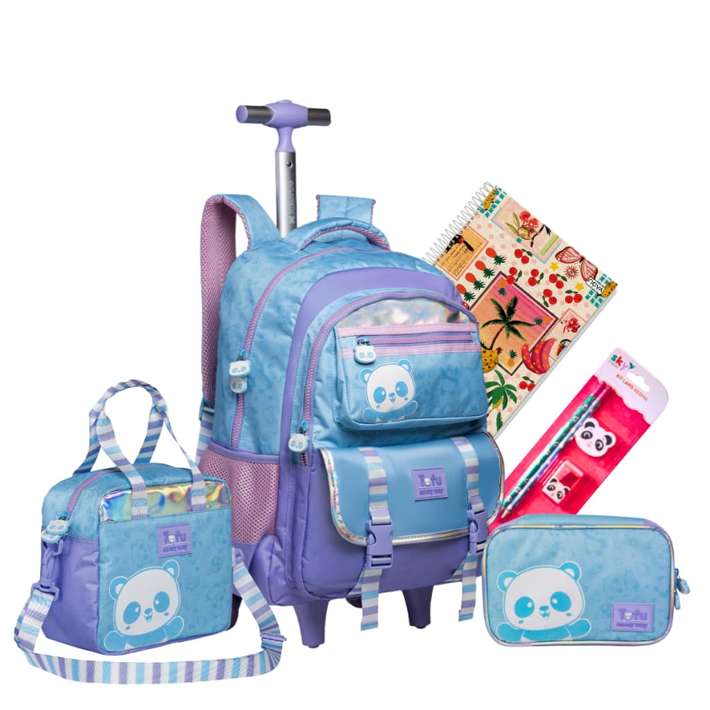 Kit Mochila de Rodinhas Panda Twee Tofus Stripes Original + Lancheira + Estojo – Infantil Feminina