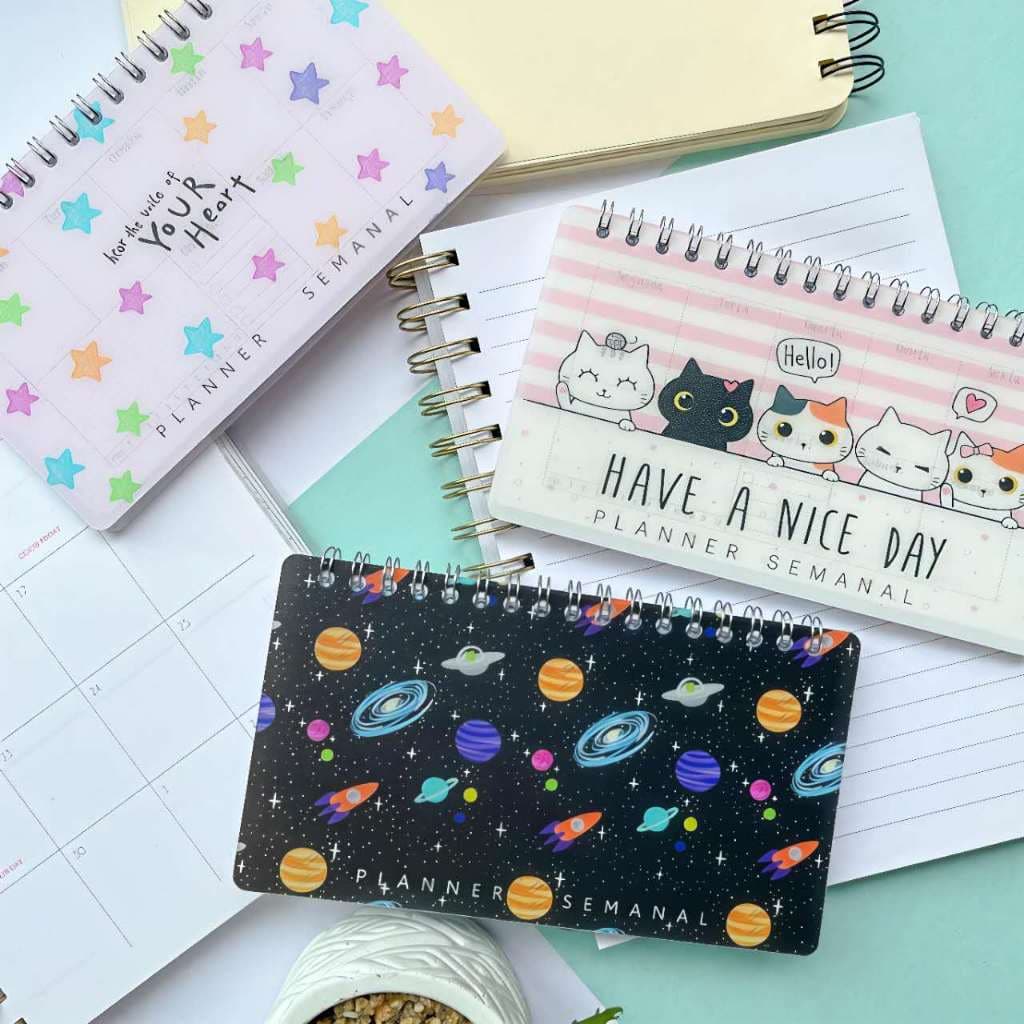 Planner Semanal Mini em Espiral com Capa Plástica 64 Folhas Papelaria Fofa Kawaii Planner Permanente