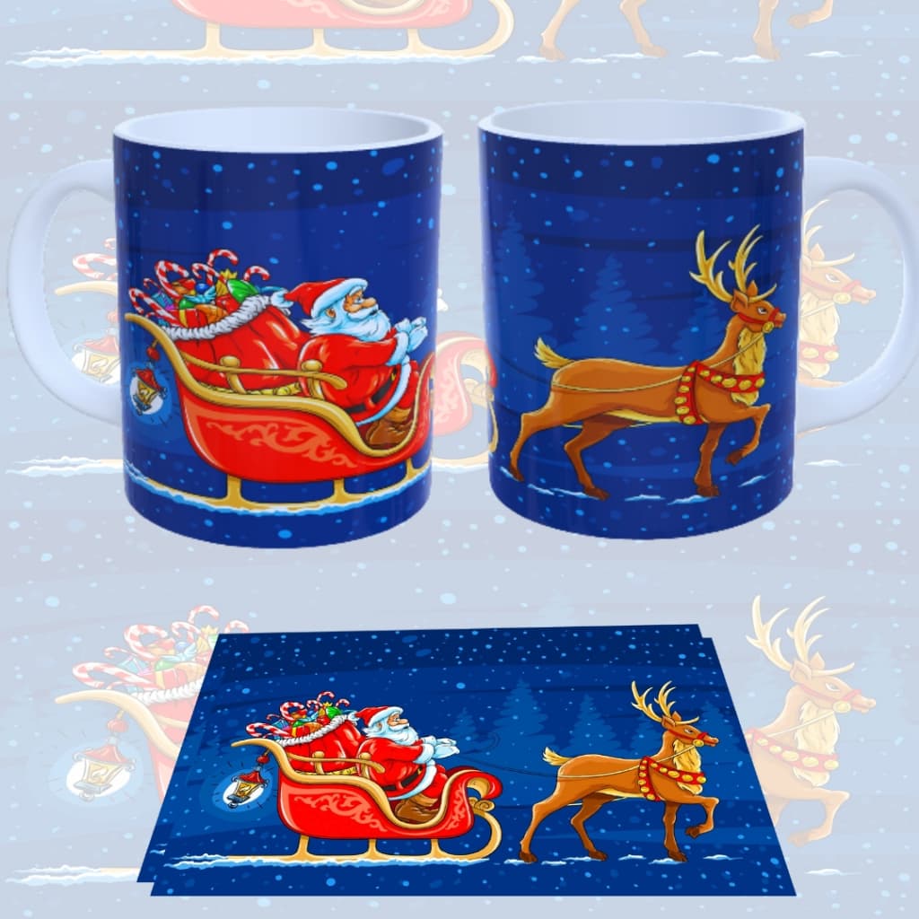 Caneca De Porcelana 325Ml Arte Azul De Natal Papai Noel