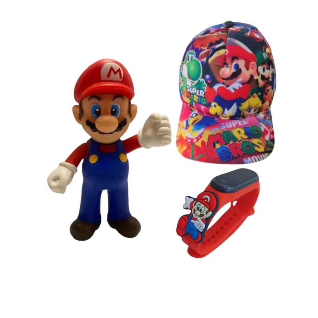 Kit 3 Super Mario, Boné + Boneco + Relógio digital
