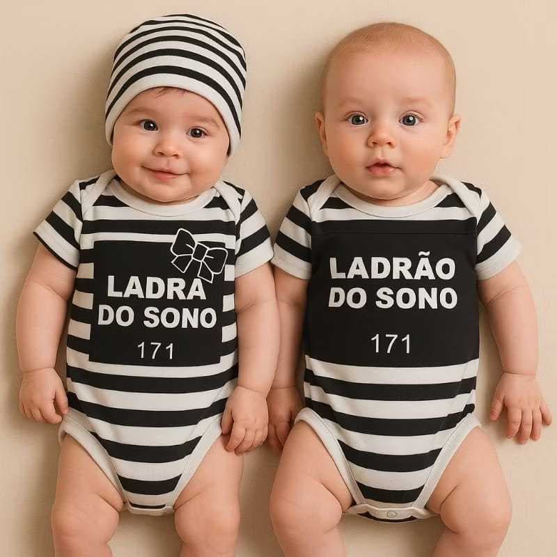 Body Bebê Menino Menina Ladra Ladrao de Sono com Touca Frases divertidas Bori Bodi Body mesversario