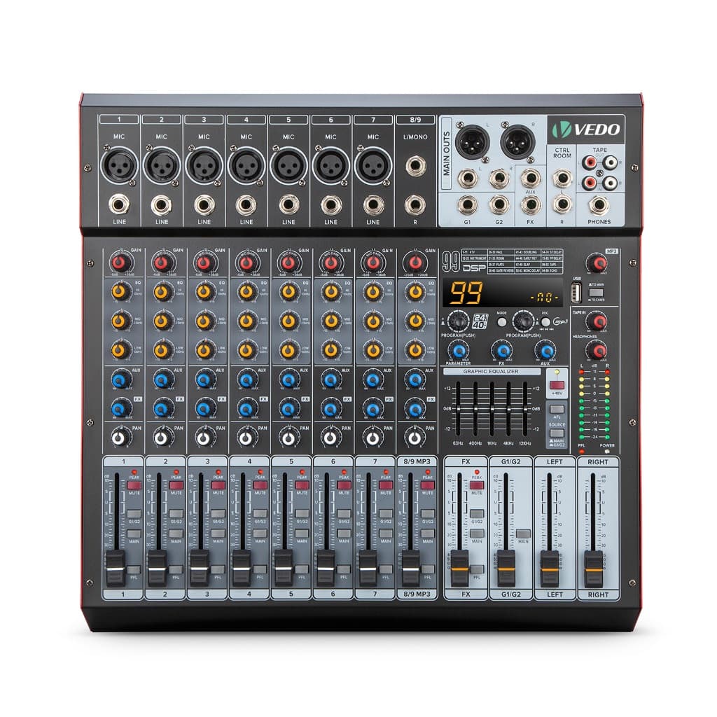 VEDO Mesa De Som 9 Canais Com Amplificador RMS 500W *2 99DSP Mixer De áudio Bluetooth/USB/PC/MP3 2 Auxiliares Bivolt