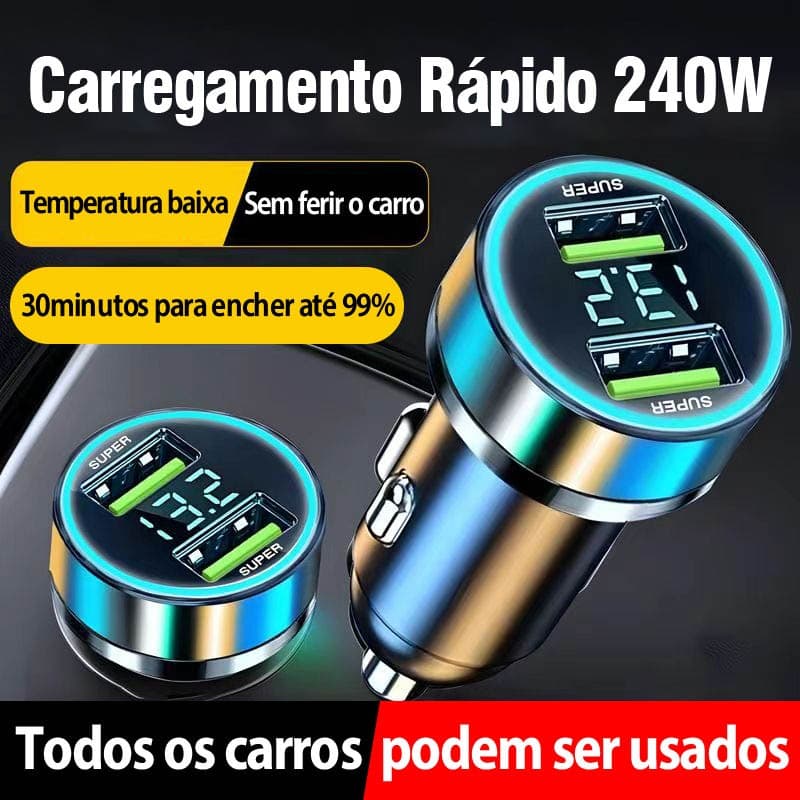 【240W Supercarregador】Carregador Rápido para Carro 2 Portas USB, Compatível com Todos Celulares