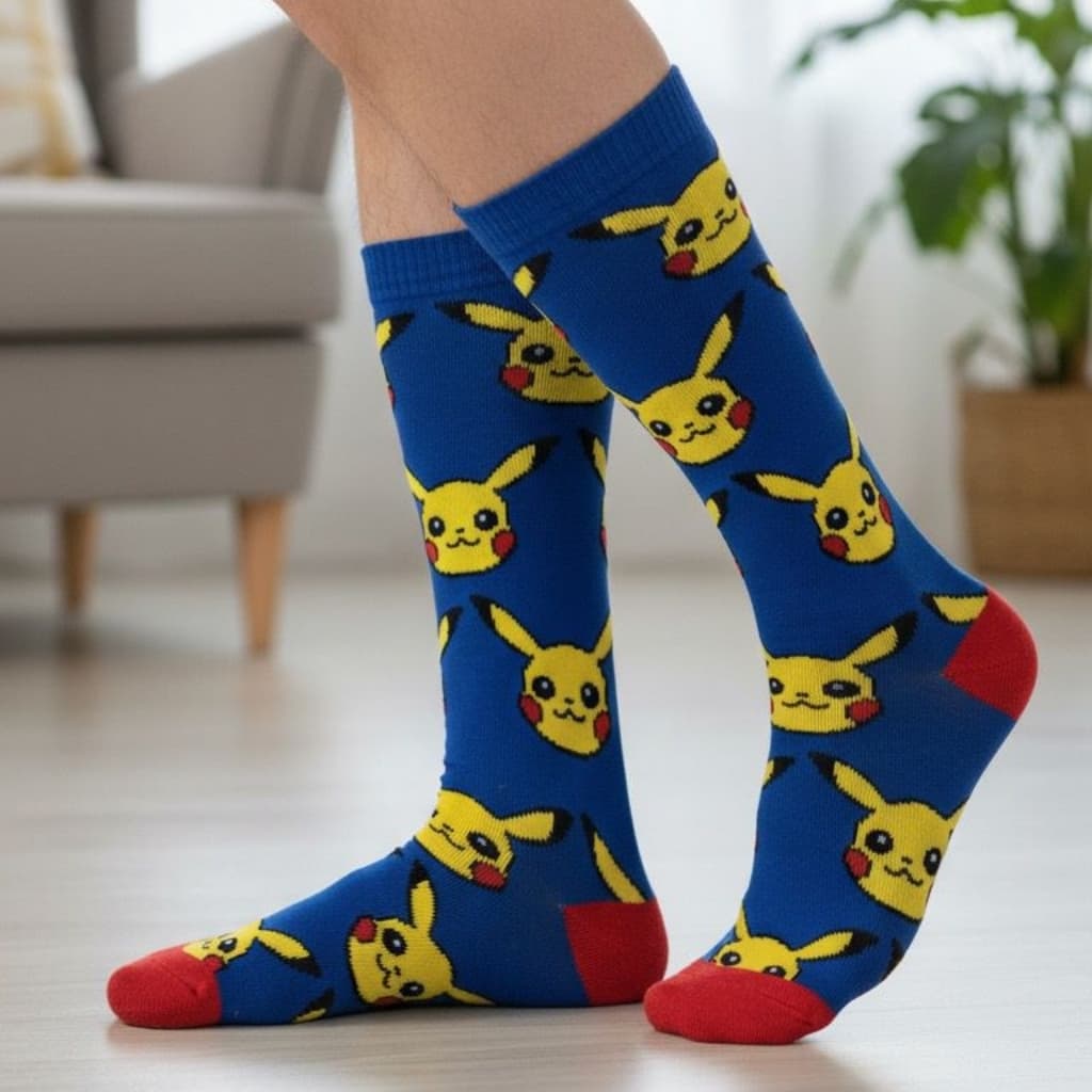 Meia Divertida Pokémon Pikachu Cano Alto Azul Amarelo Estampada Mascote Geek Algodão Tamnho Unico Infantil Unissex