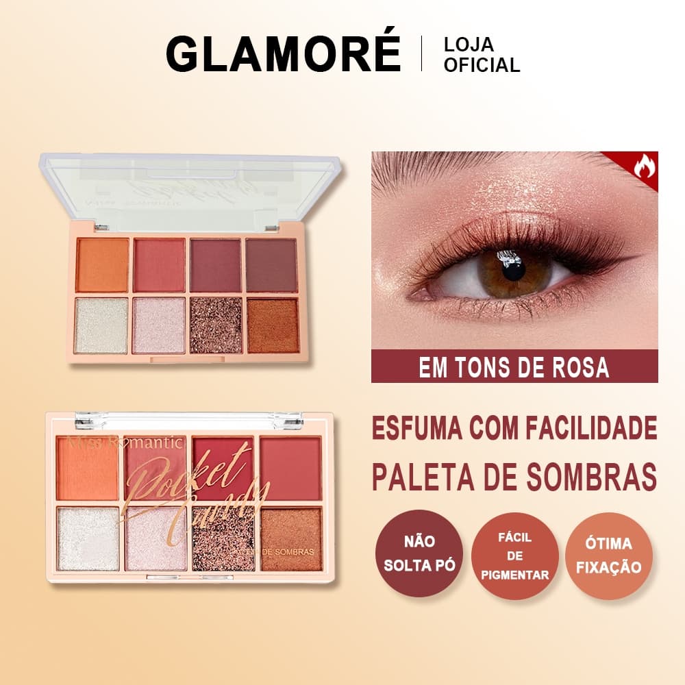 Paleta de Sombras Miss Romantic Pocket – 8 Cores – Alta Pigmentação – Glitter – Nude / Rosé / Bronze