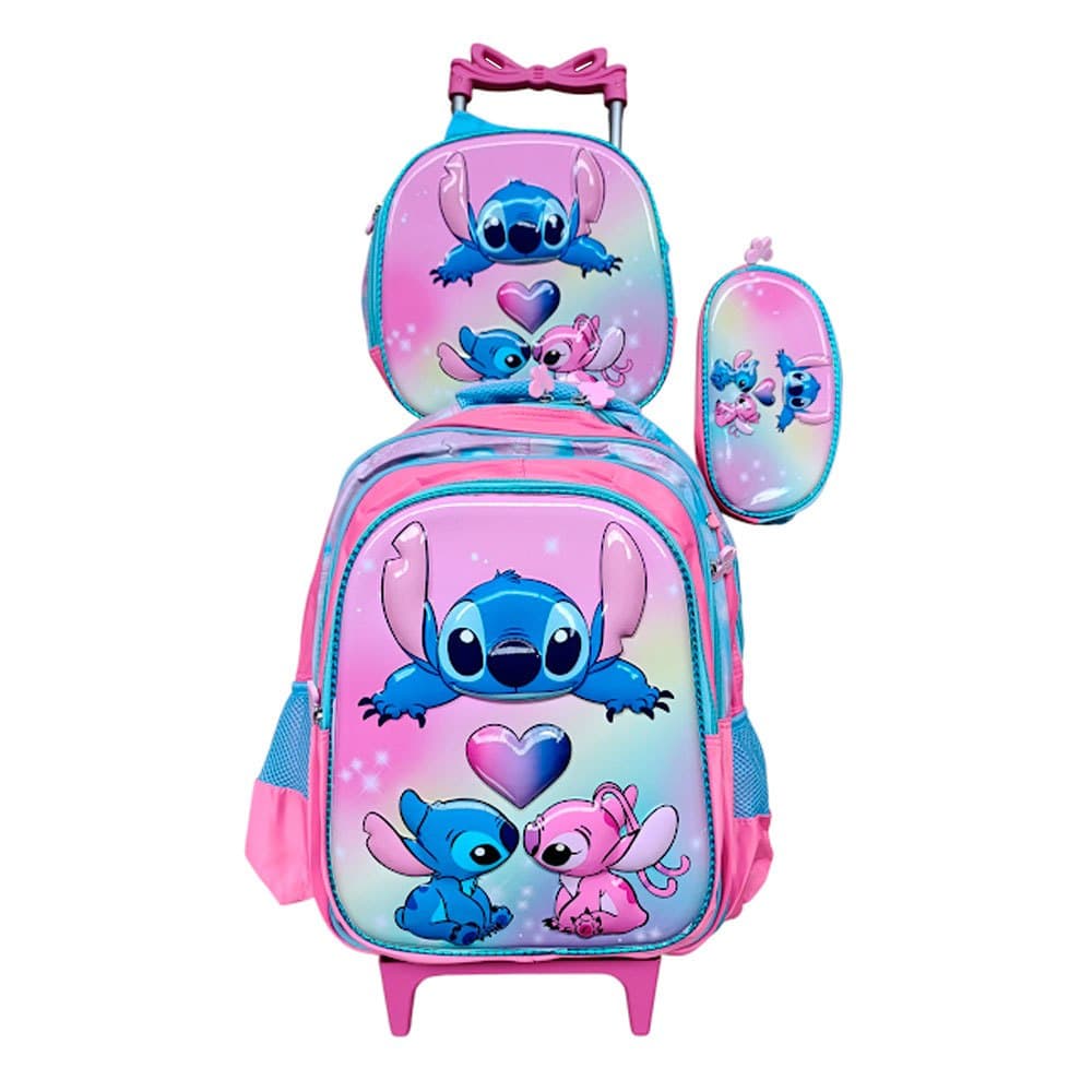 Kit Mochila Stitch Feminina com Rodinhas + Lancheira Térmica + Estojo Escolar Infantil em 3D