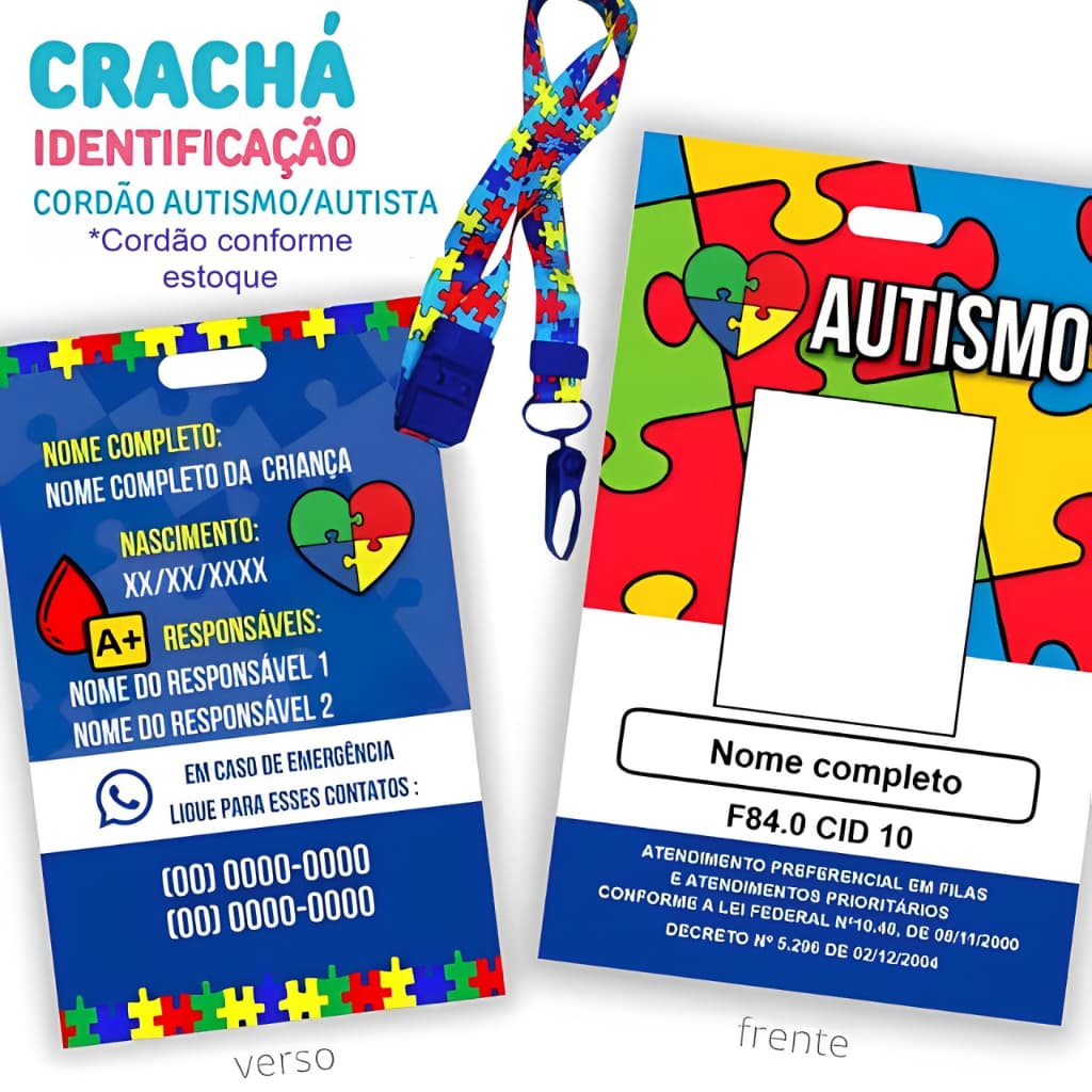Cracha de Identificação Autismo - Cracha TEA - Cracha Com ou Sem Cordão