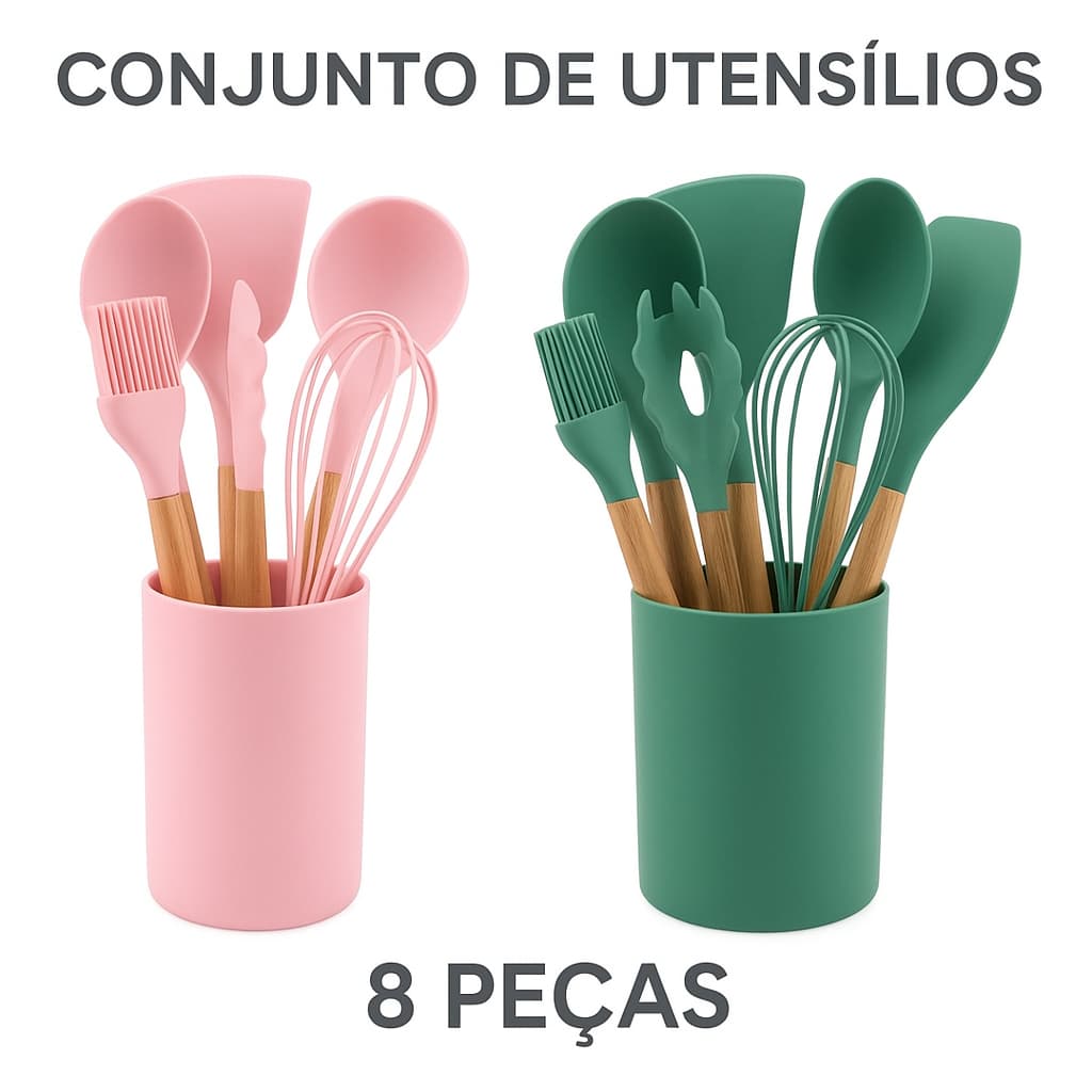 Conjunto de Utensilios Silicone Espatula Colher Concha 8 Peças Verde Escuro ou Rosa Completo