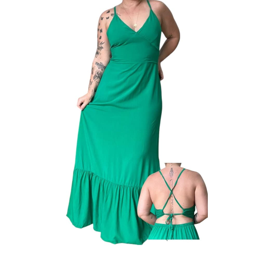 Vestido Feminino Longo Costa Pelada Amarração Primavera Verão Natal Ano NOVO