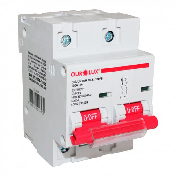 Disjuntor Ourolux Bipolar 230V 400V Curva C 35mm² 50Hz 60Hz Proteção IP20