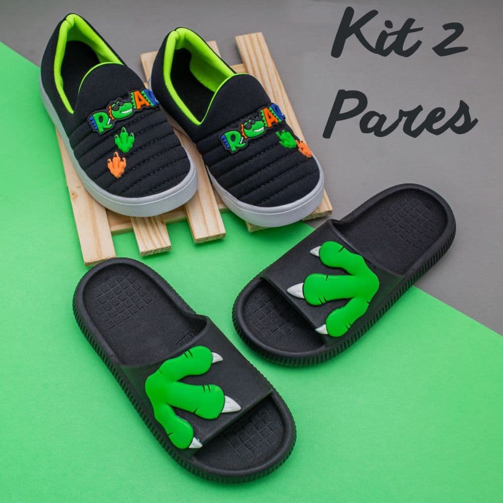 Kit Infantil Menino Tênis Calce Fácil Chinelo Nuvem Dino Escolar Casual Confortável Promoção