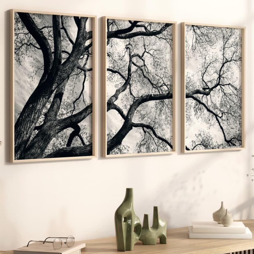 Quadros Decorativos com Moldura Sala Quarto Kit Paisagem Galhos Árvore Moderno Preto e Branco Vidro