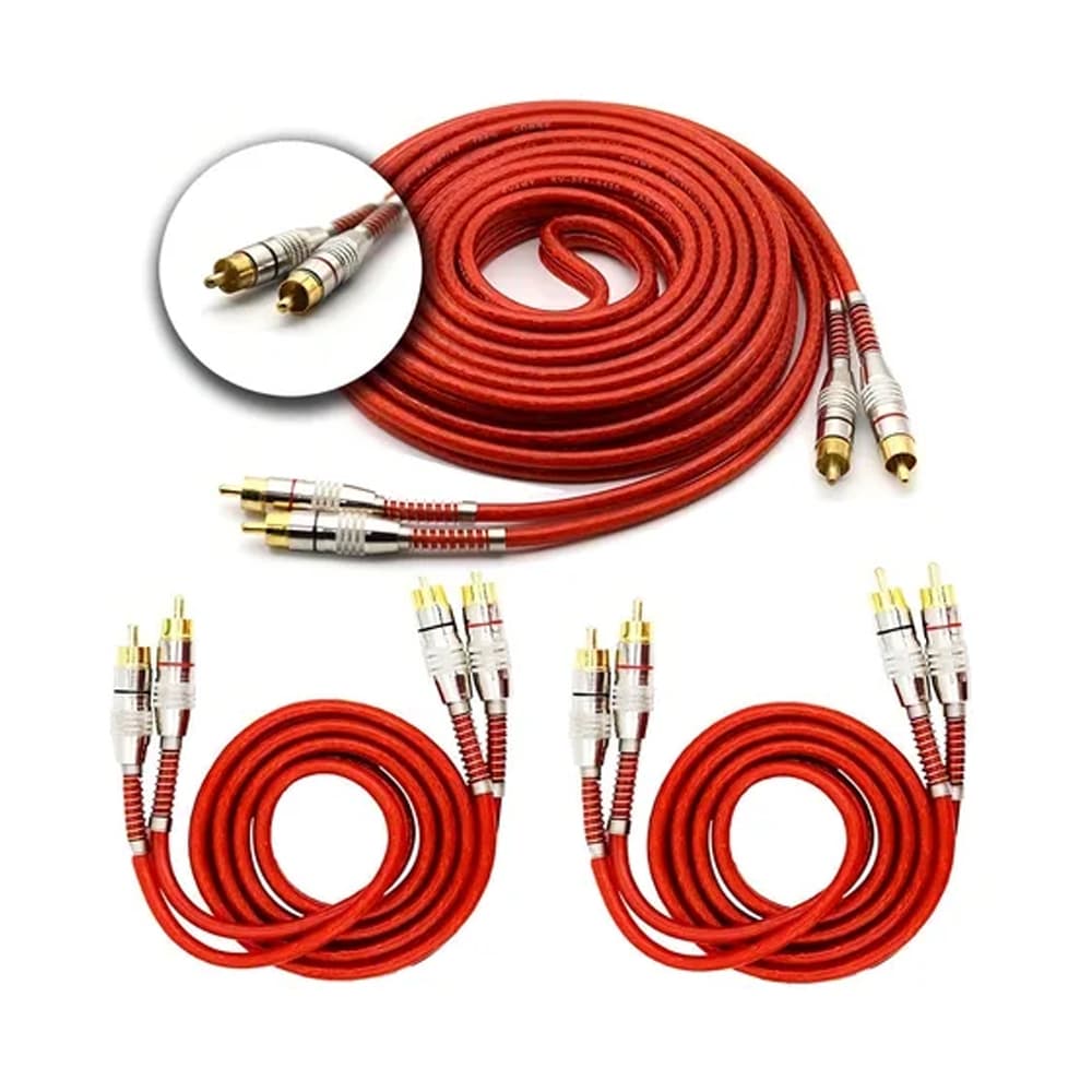 Kit Cabo RCA Blindado 5 Metros  + 2 Cabos RCA Blindado 1 Metro Vermelho Dupla Blindagem