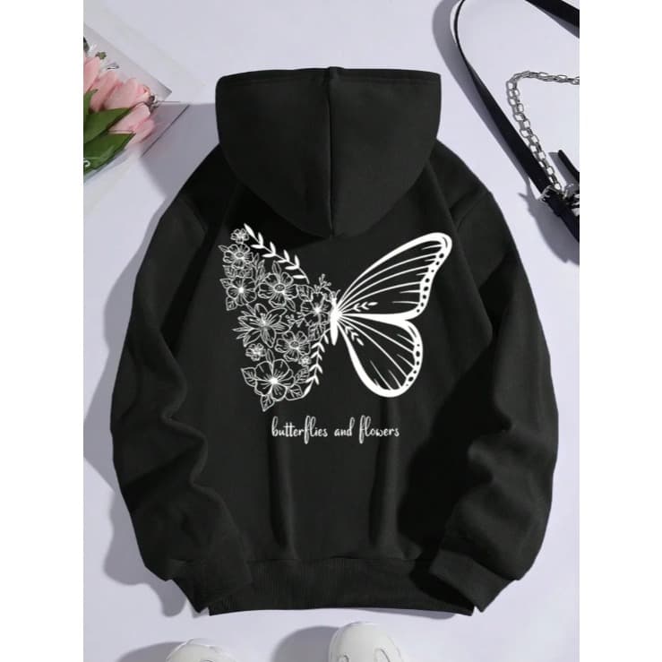 Moletom com Capuz Forrado Térmico com Estampa de Borboleta e Frase