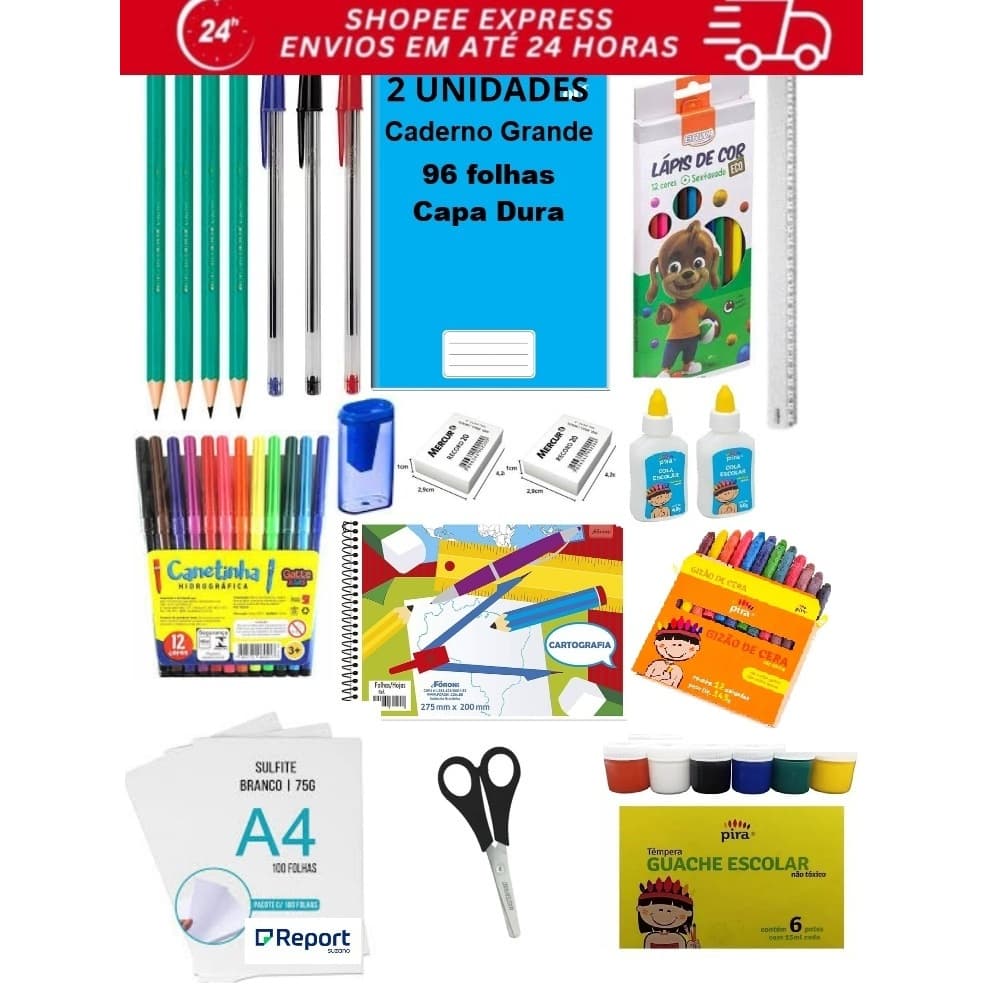 KIT MATERIAL ESCOLAR ENSINO FUNDAMENTAL 14 ITENS