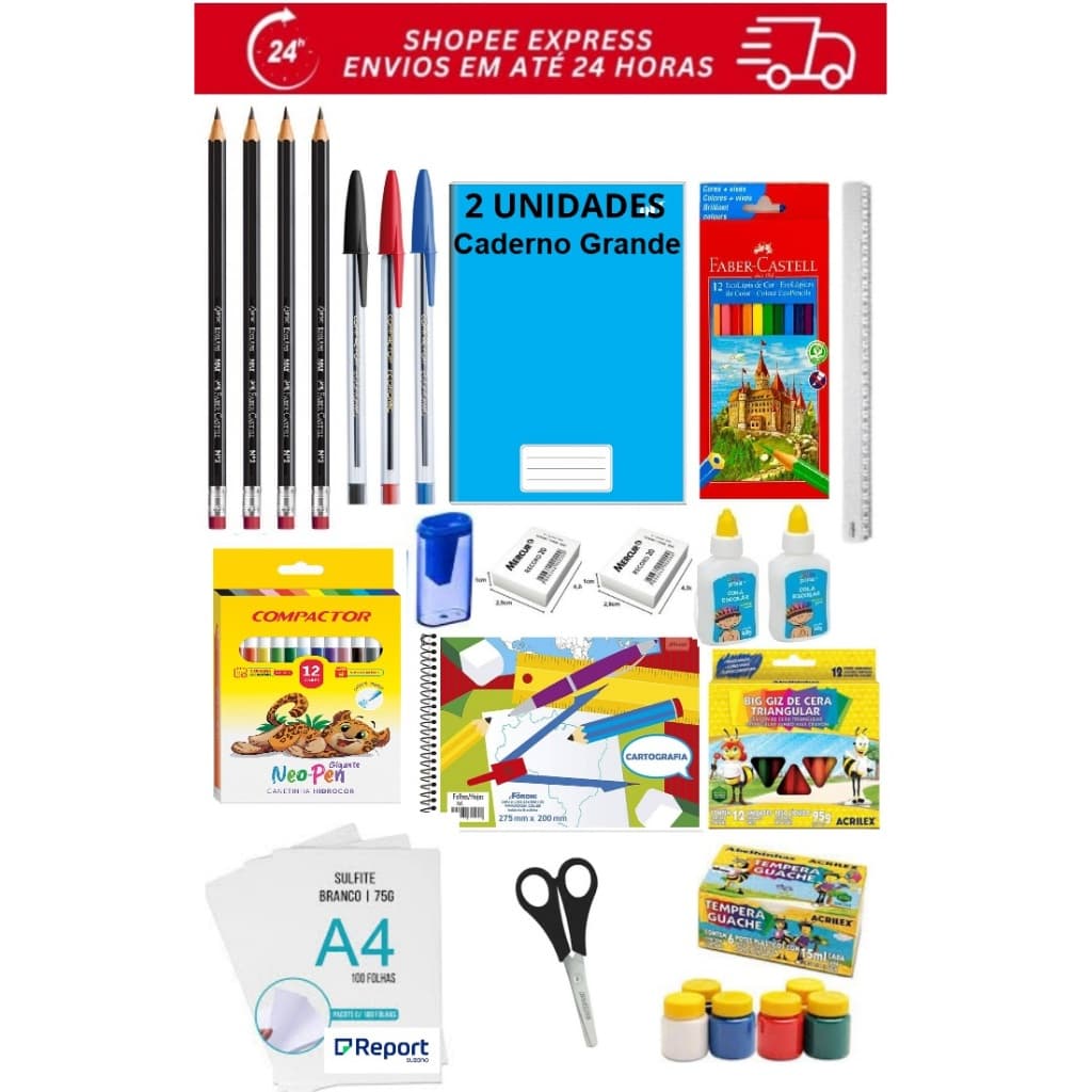 KIT MATERIAL ESCOLAR ENSINO FUNDAMENTAL 14 ITENS PREMIUM