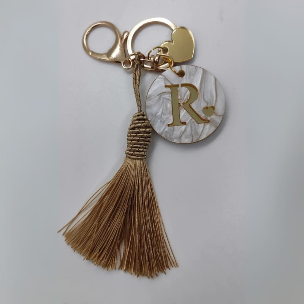 Kit 10 Chaveiros Inicial Madrepérola 4cm com Letra Espelhada Dourado Prata Rosé
