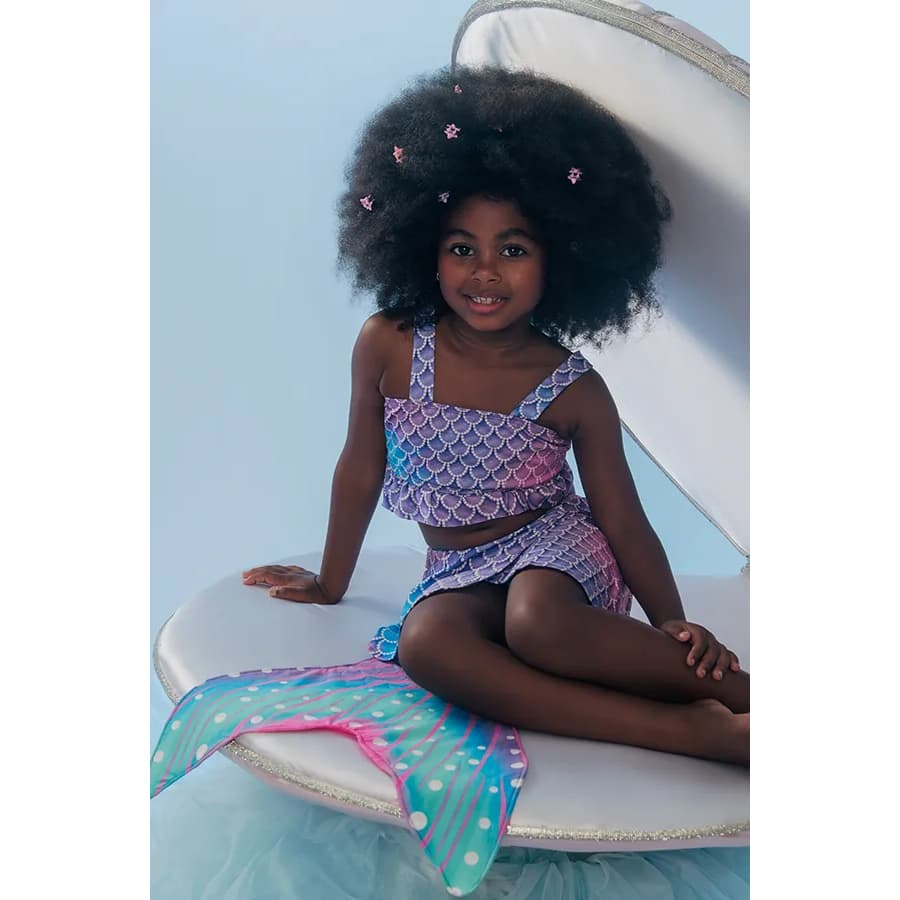 Conjunto Infantil Sereia Perla Biquini, Saia e Cauda de Sereia Fantasia Praia Piscina Verão Menina