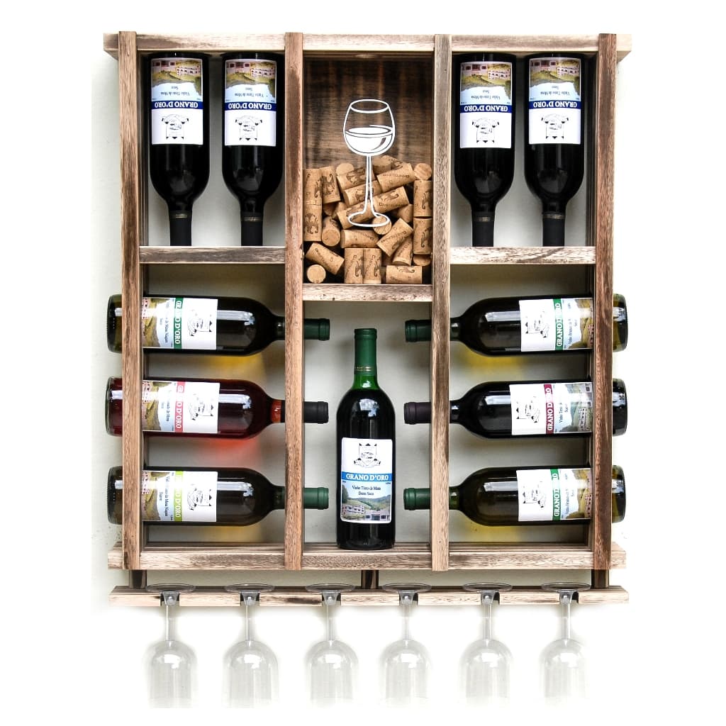 Adega de Madeira Maciça para 11 Garrafas de Vinho com Porta Rolhas e Porta Taças - Relic