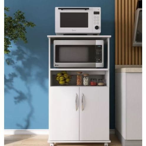 Armário Forno com Suporte para Microondas e Balcão Multiuso com Rodinhas