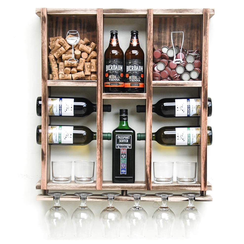 Adega Barzinho de Madeira Maciça para 7 Garrafas de Vinho, Cervejas e Destilados - Relic