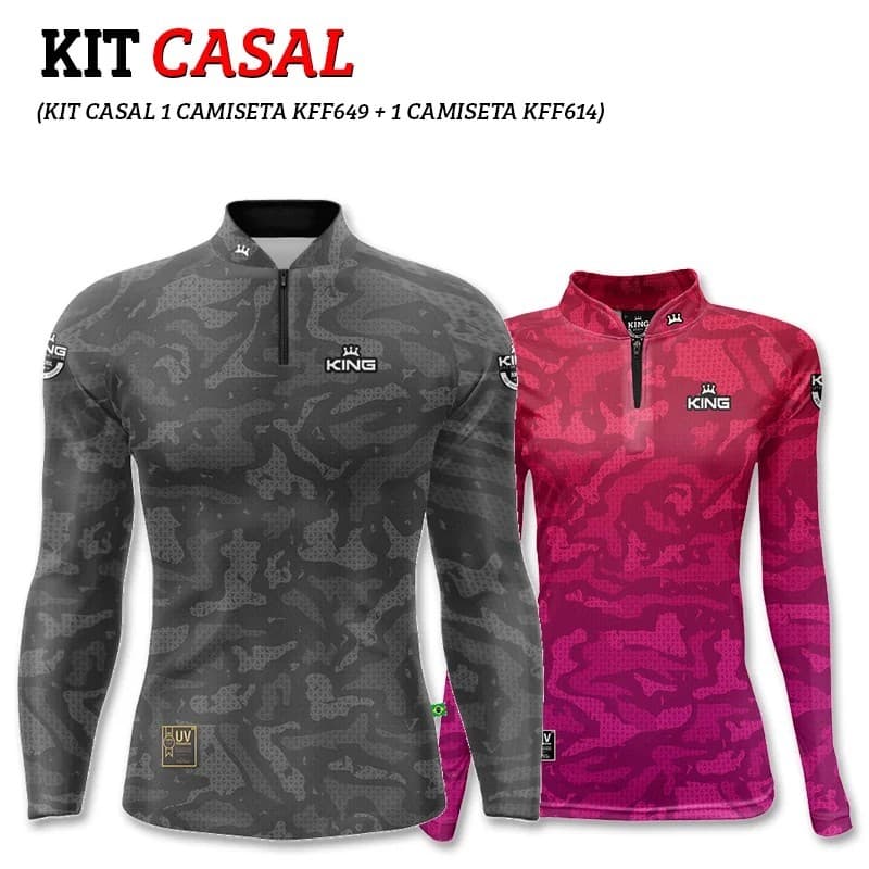 Kit Camisa Blusa Casal Camuflado com Proteção Solar Uv50 King Brasil Pesca Praia Ciclismo Trilha