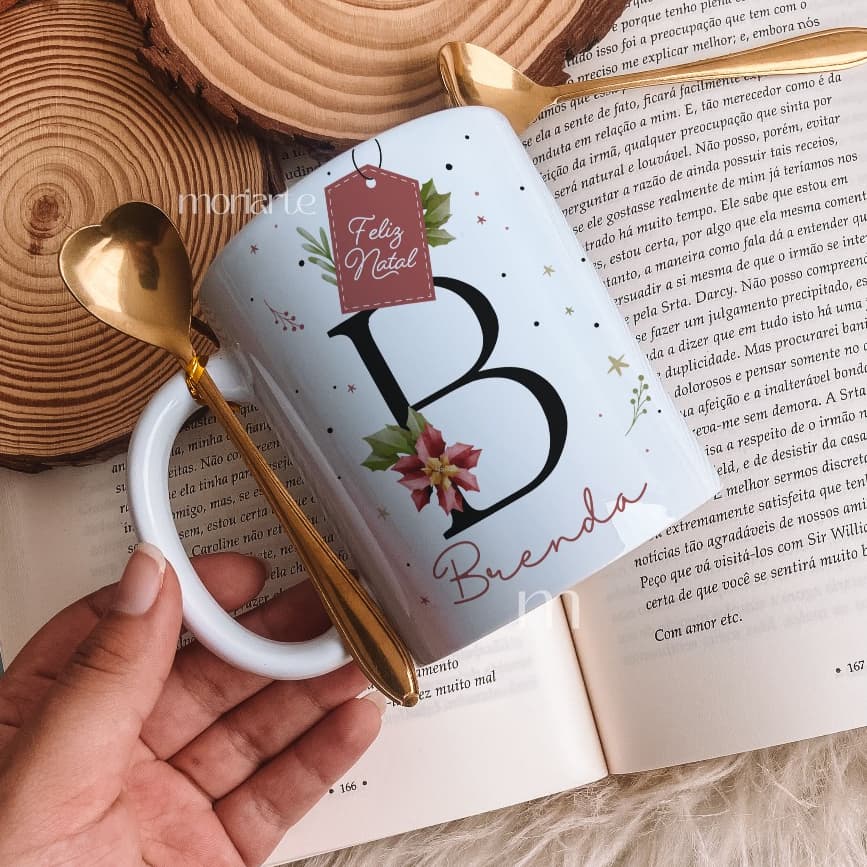 Caneca personalizada Natal + colher coração, com inicial e nome, presente criativo natal