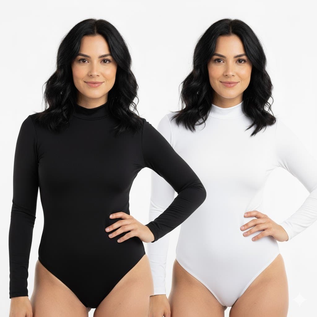 KIT 2 OU 1 BODY FEMININO MANGA LONGA GOLA ALTA PLUS SIZE PRETO/BRANCO BODY CACHARREL INVERNO SEGUNDA PELE SUPLEX P AO G4
