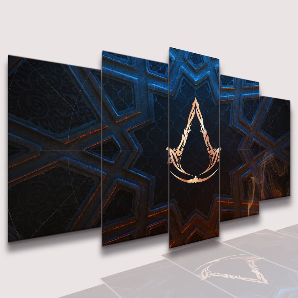 Quadro decorativo mosaico 5 peças 115x60cm gamer jogo Assassin's Creed para setup quarto
