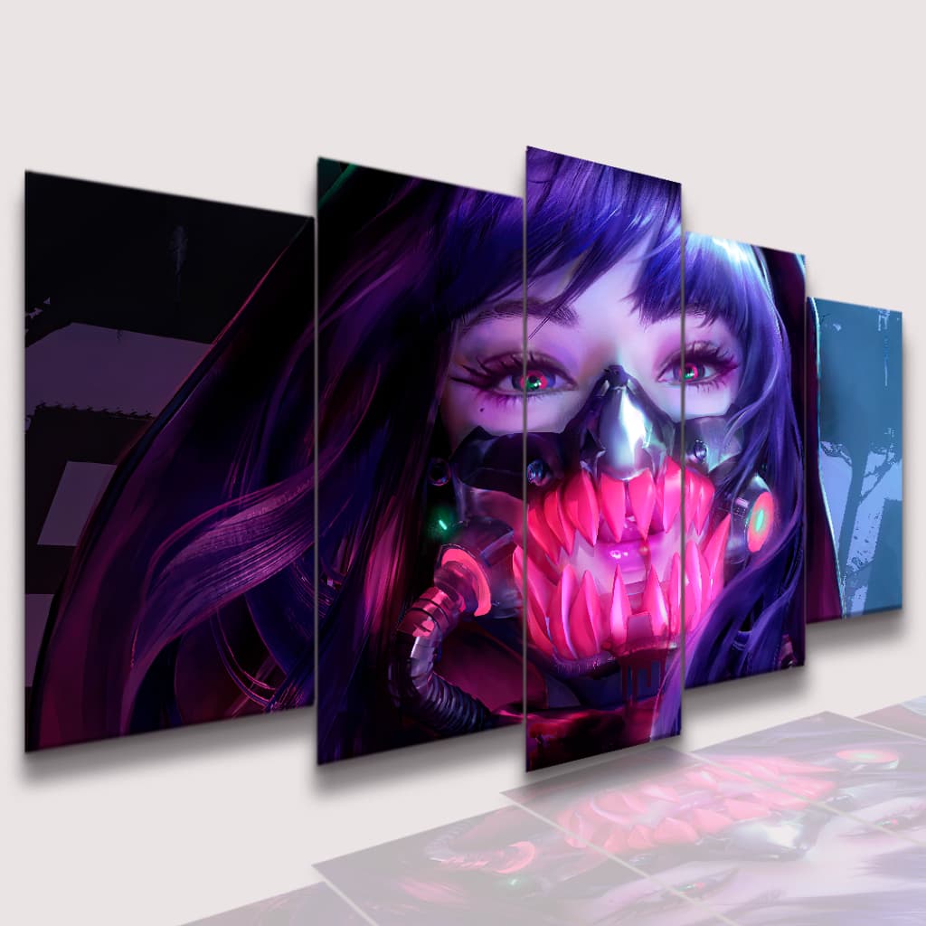 Quadro decorativo mosaico 5 peças 115x60cm game jogo CyberPunk