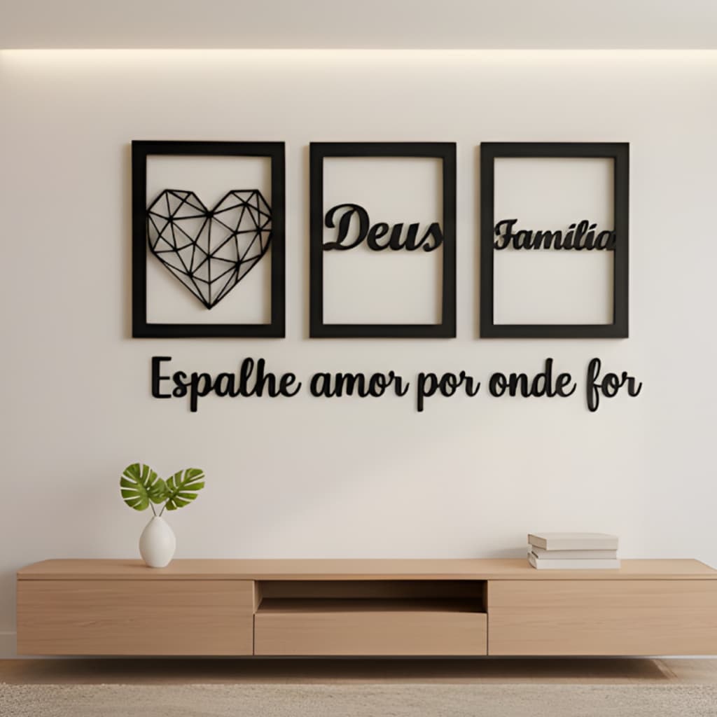 Kit 3 Quadros Decorativo Trio Religioso Letreiro Frases Parede