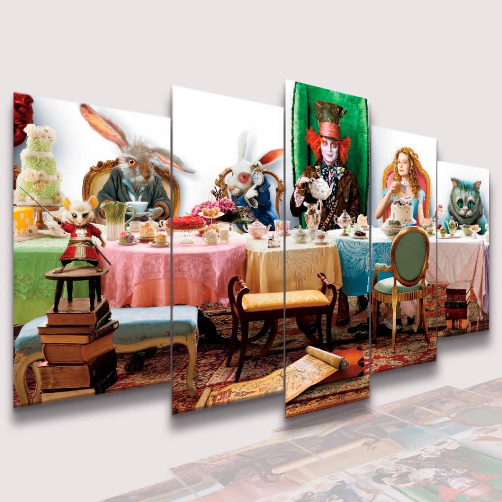 Quadro decorativo mosaico 5 peças 115x60 Alice No Pais Das Maravilhas