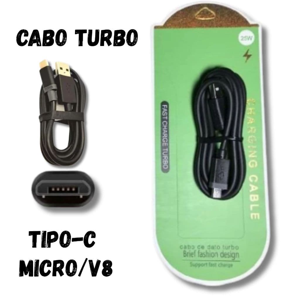 Cabo De Carregador Turbo 25W Ultra Rápido Reforçado USB V8 Micro E Tipo-C 1 Metro