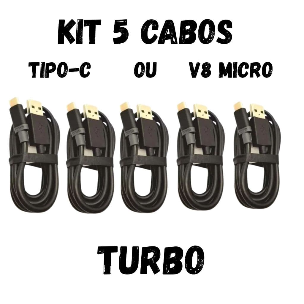 Cabo De Carregador Turbo Rápido Kit 5 Cabos Reforçado V8 Micro OU Tipo-C 1 Metro
