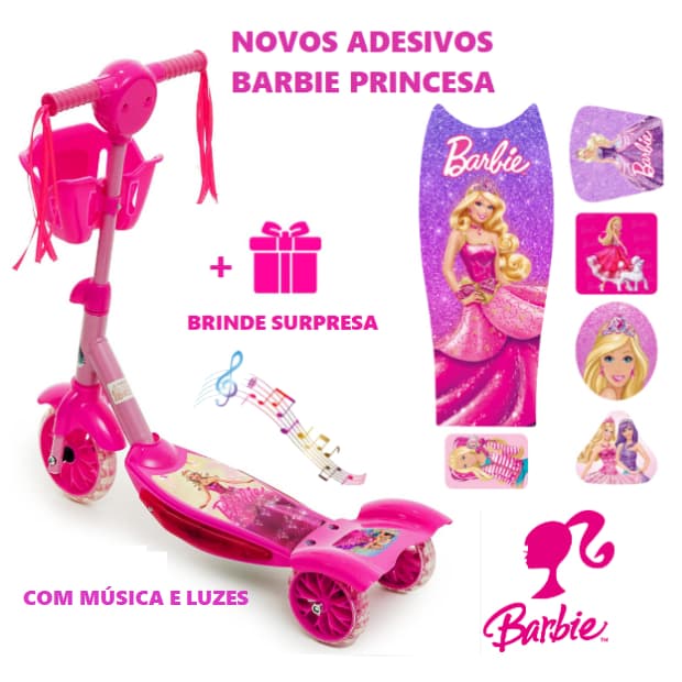 Patinete Infantil Barbie Princesa Musical Rosa Menina 3 Rodas Com Cesta Luzes Freio Altura Ajustável