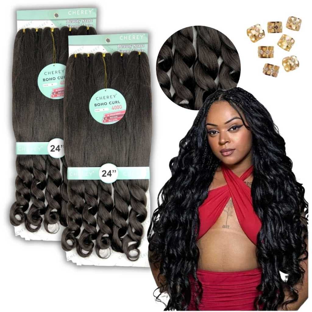 Kit 2X Boho Curl Jumbo Cherey 400g para Tranças Crochet Braids Cachos Ondulados Gypsy Braids Box Braids Cabelo Sintético