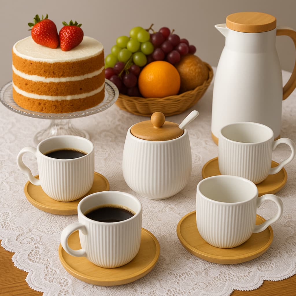 Kit Porcelana Branco 4 Xícaras de Café 90ml Pires de Bambu + Açucareiro  C/ Tampa de Bambu + colher