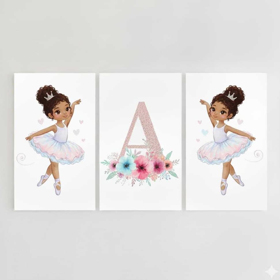 Quadro Decorativo Moderno Parede Quarto Infantil Feminino Letras Personalizadas Bailarina Morena