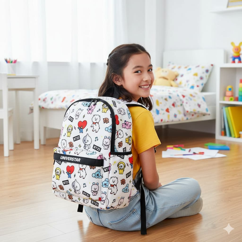 Mochila Escolar Personagens Bt21 Branca Infantil Resistente Moderna Estilosa