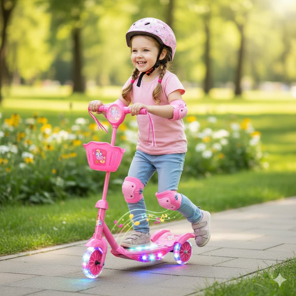 Patinete 3 Rodas Infantil Rosa 💖 Dobrável Com Som, Luz E Cestinha | Presente Menina