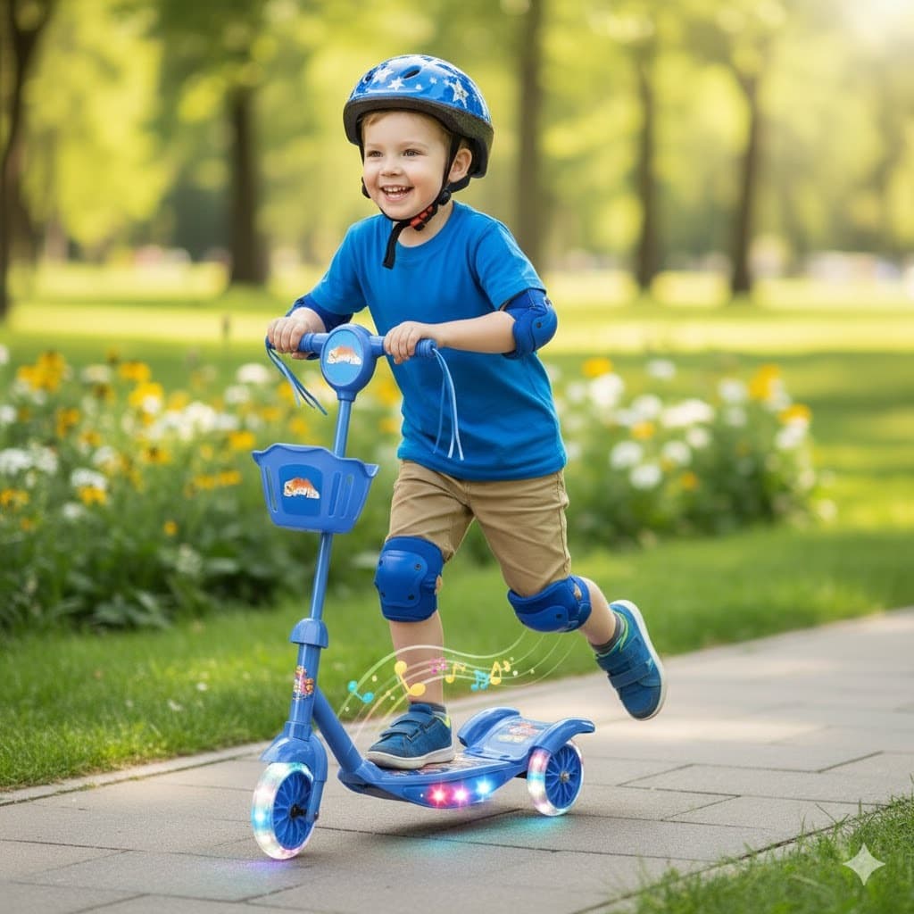 Patinete 3 Rodas Infantil Azul 💖 Dobrável Com Som, Luz E Cestinha | Presente Menino