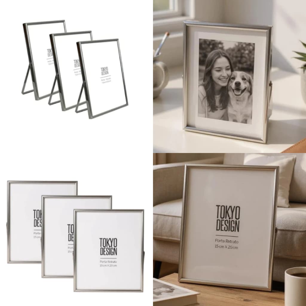 Kit 3 Porta Retratos 15x20 Aço Inox Moldura Flexível de Mesa, Vertical Presente Menu Decoração
