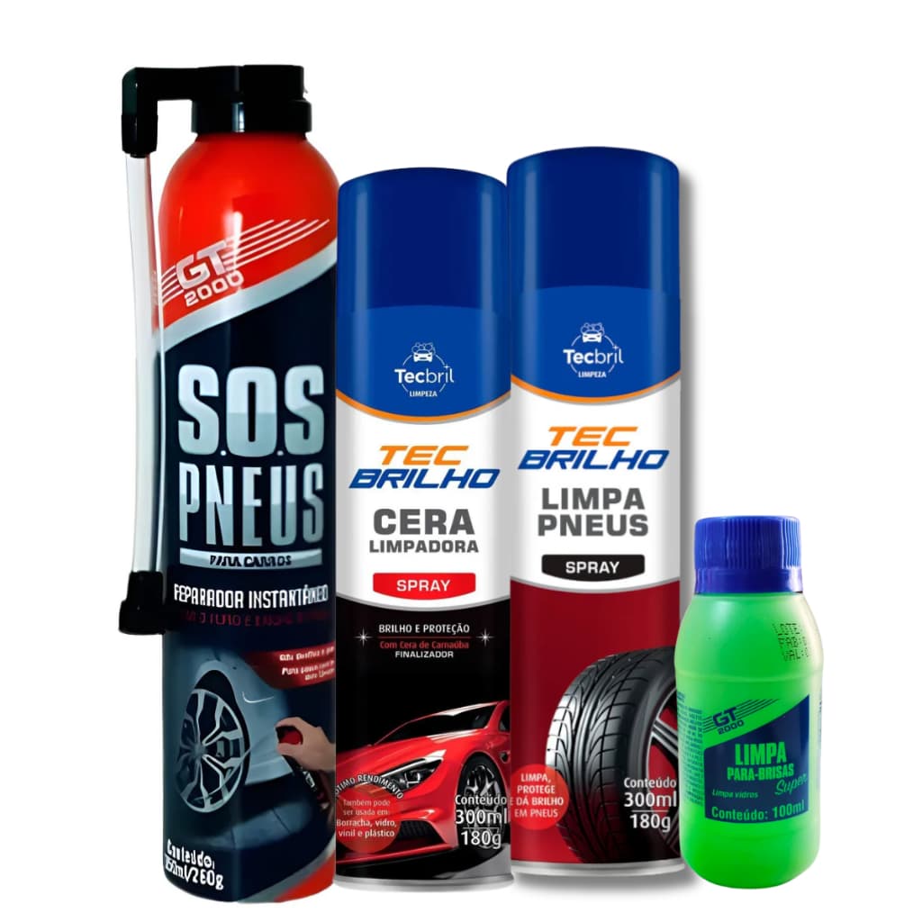 Kit Pneus e Brilho: SOS Pneus, Limpa Pneus, Cera Tec Brilho + Brinde Para-brisas