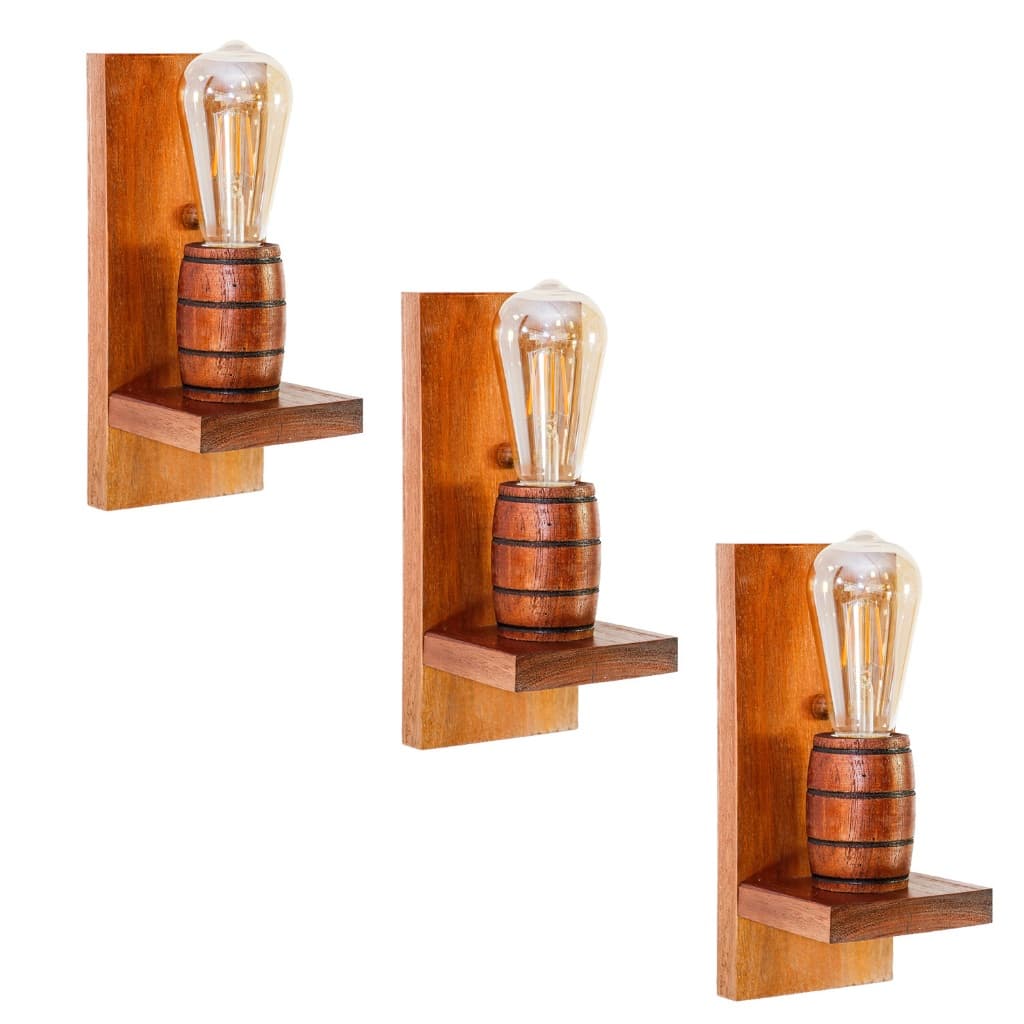 Kit 3 Arandela Luminária De Parede em Madeira Maciça - Modelo Barril - Mogno
